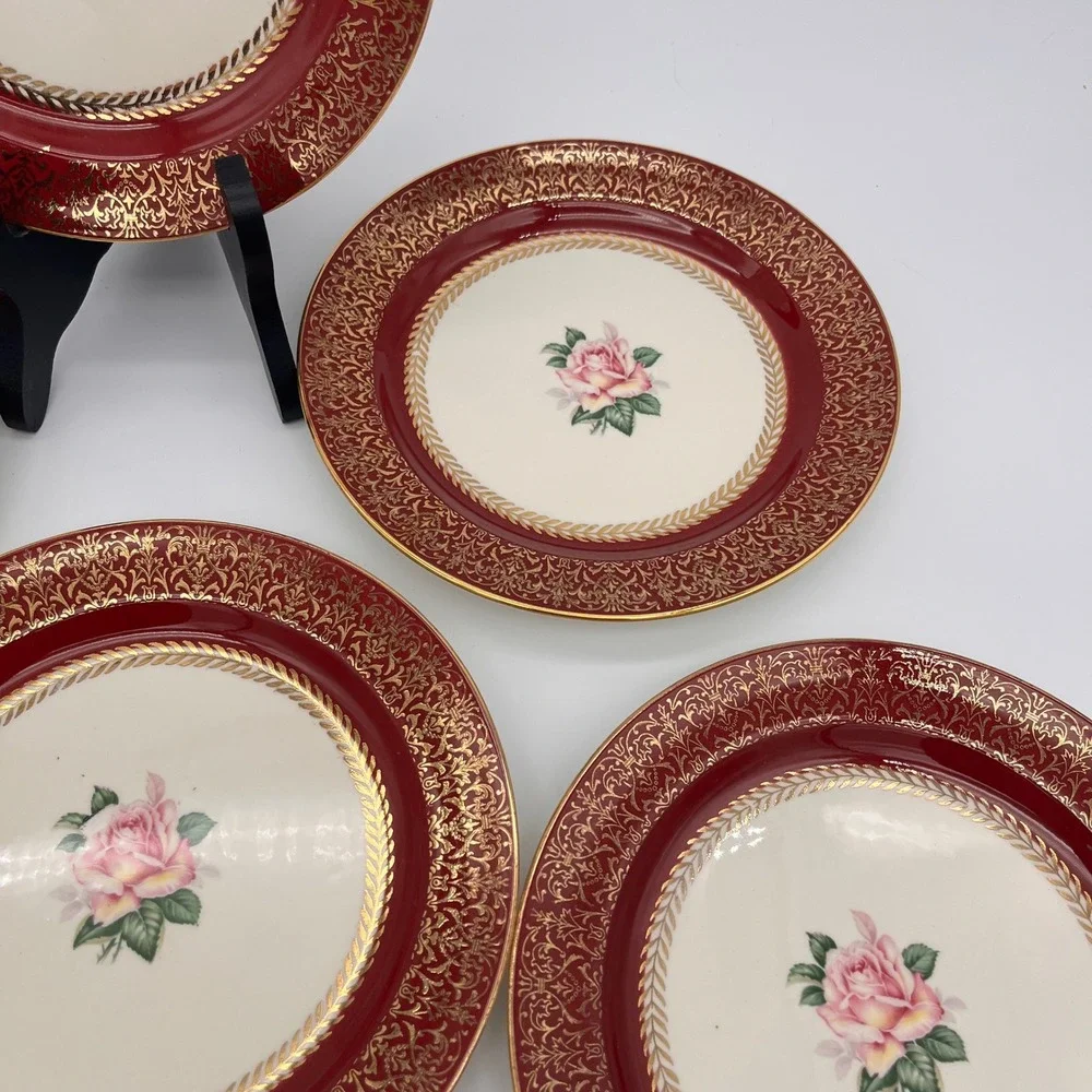 Homer Laughlin Lady Stratford Dessert Plates Set of 7 Maroon Gold Rose 7 1/8